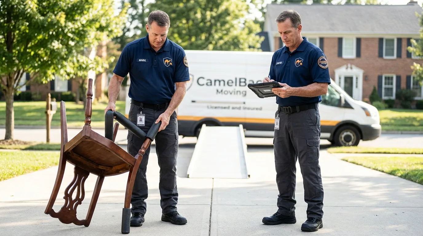 Movers inspecting furniture for damage prevention before loading in Rehoboth, MA