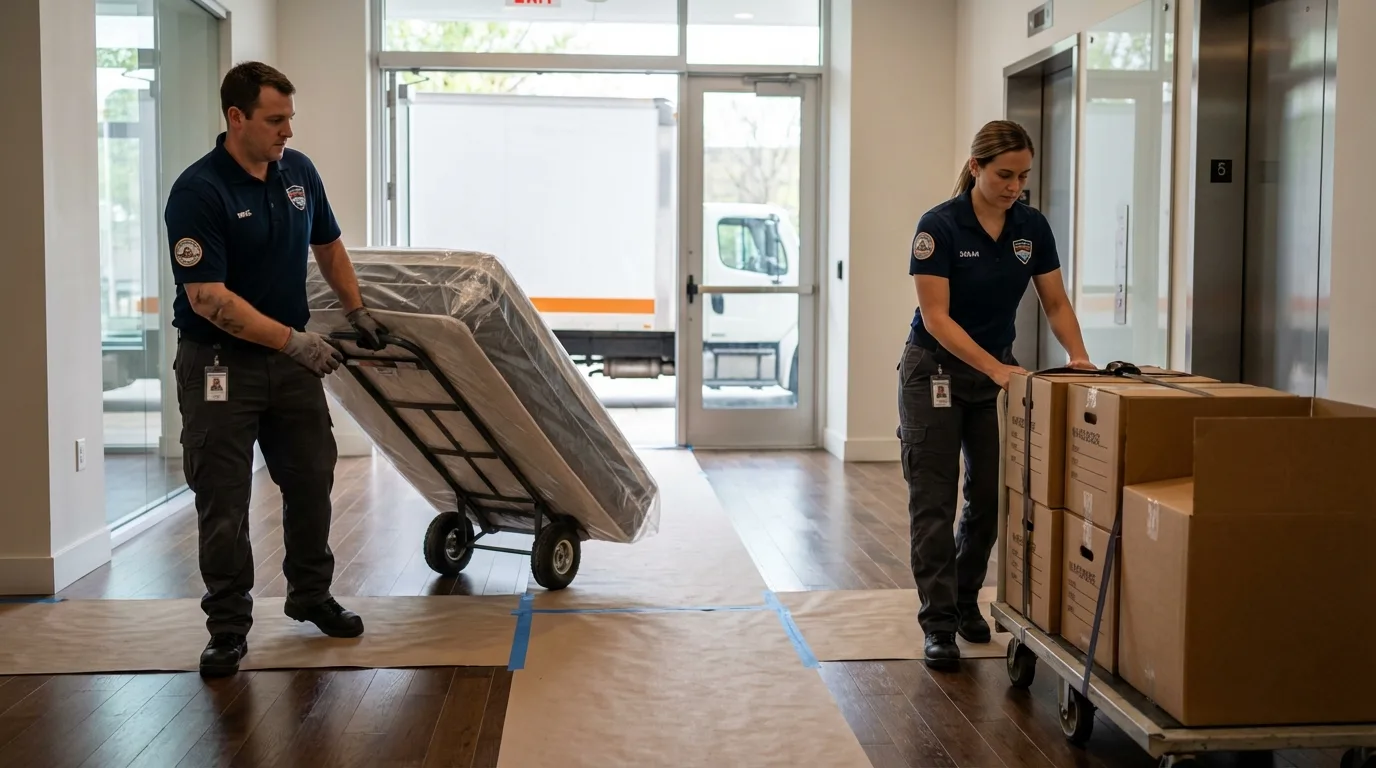Professional apartment movers loading elevator in Rehoboth, MA