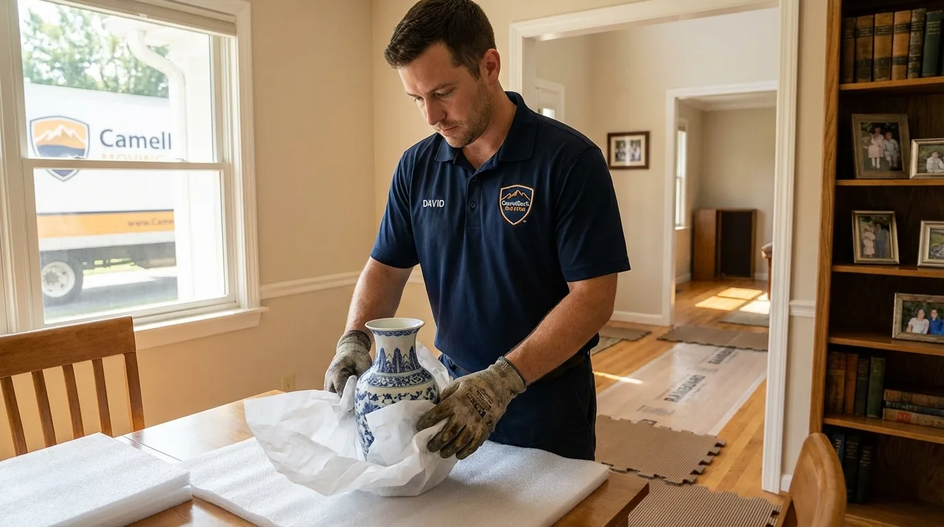 Professional crew carefully wrapping antique vase for senior downsizing move in Rehoboth, MA
